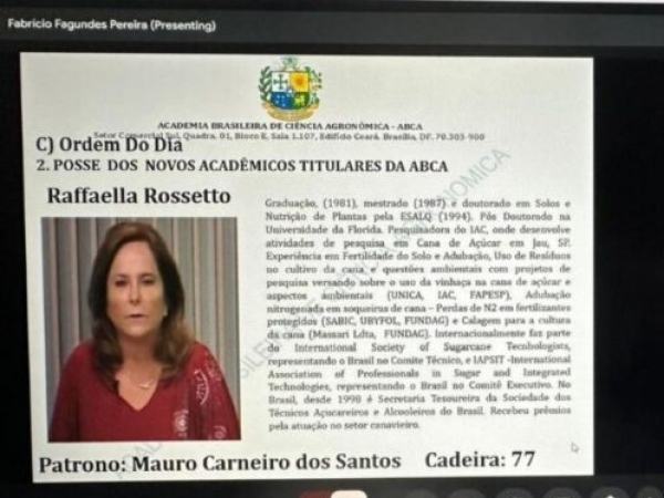 Pesquisadora do Instituto Agronômico (IAC), Raffaella Rossetto, foi nomeada para ocupar a cadeira 77 da Associação Brasileira de Ciência Agronômica (ABCA)