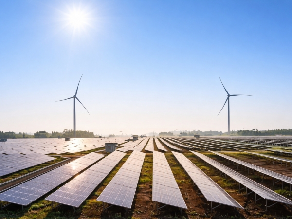 Painéis solares e turbinas eólicas operando juntos em um campo de energia renovável sob céu totalmente limpo.