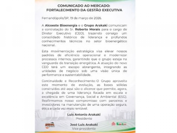 Alcoeste e Grupo Arakaki anunciam CEO para fortalecimento da gestão executiva